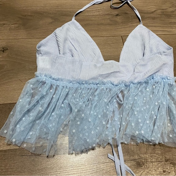 Shein Baby Blue Halter Crop Top with Mesh Bottom - Picture 7 of 7